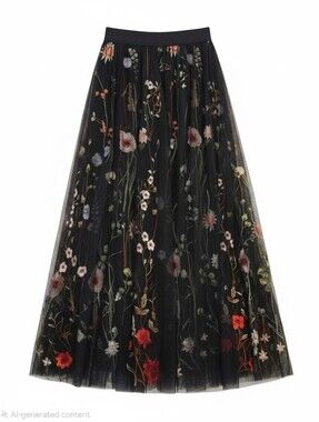 Black Floral Embroidered Tulle Maxi Skirt (S-M)
